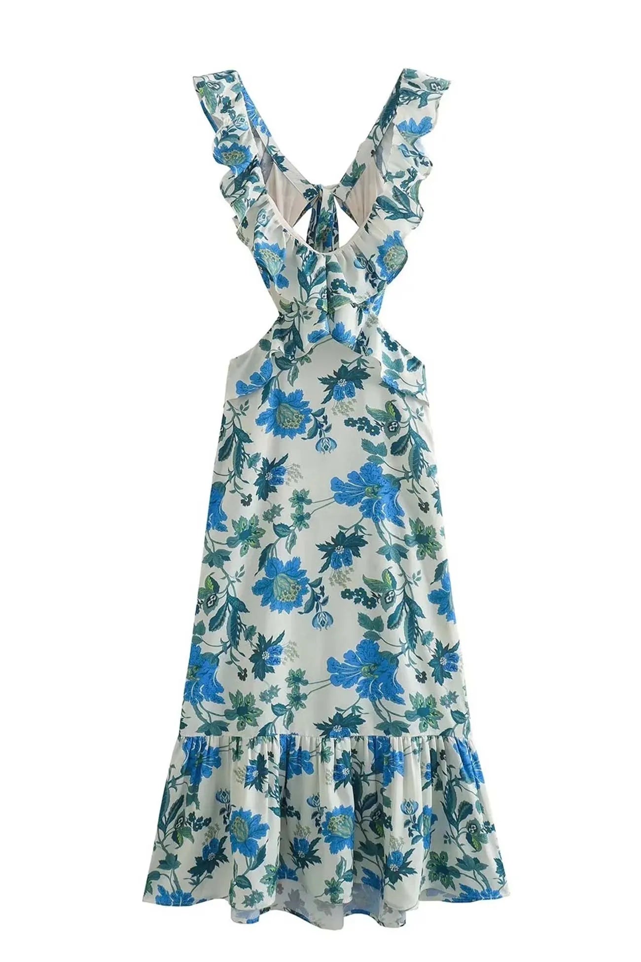 Ruffled Cutout Printed Lace Up Dress