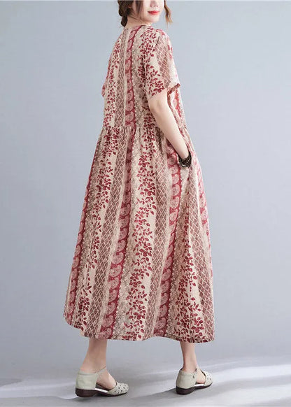 Red V Neck Print Button Long Dress Short Sleeve