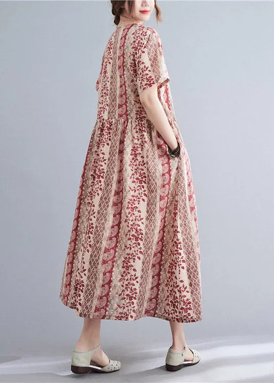 Red V Neck Print Button Long Dress Short Sleeve