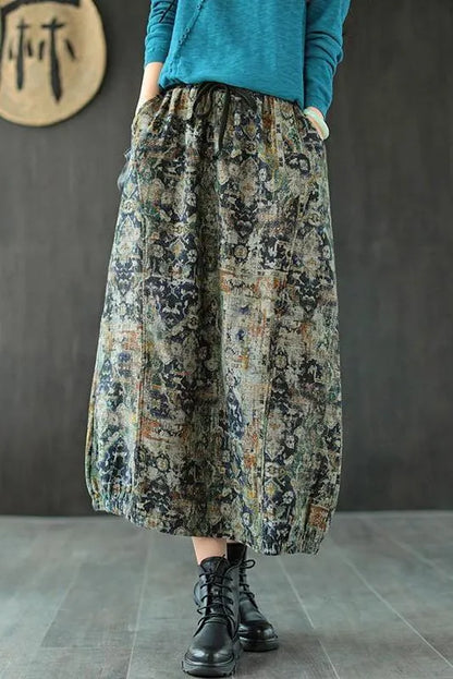 Retro Print Elastic Waist Wild Skirt