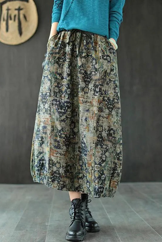 Retro Print Elastic Waist Wild Skirt