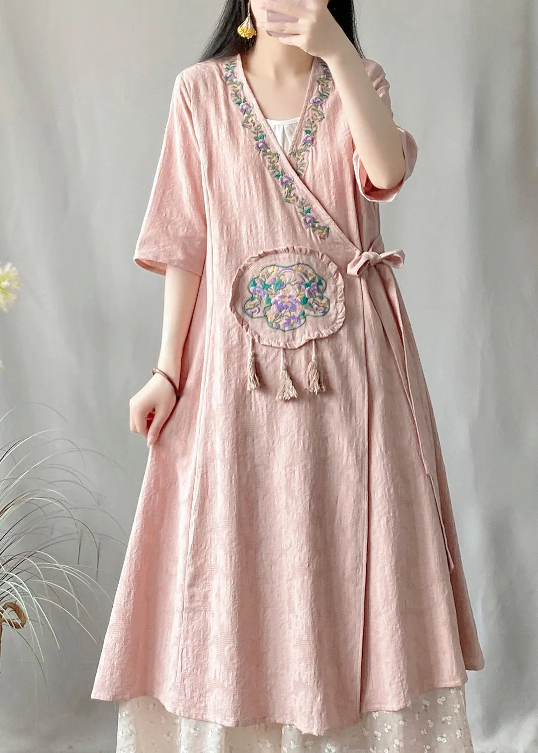 Yellow V Neck Embroidered Lace Up Cotton Cardigan Summer