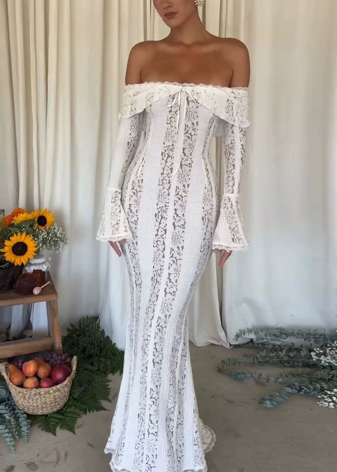 White Slash Neck Off Shoulder Long Dress Flared Sleeves