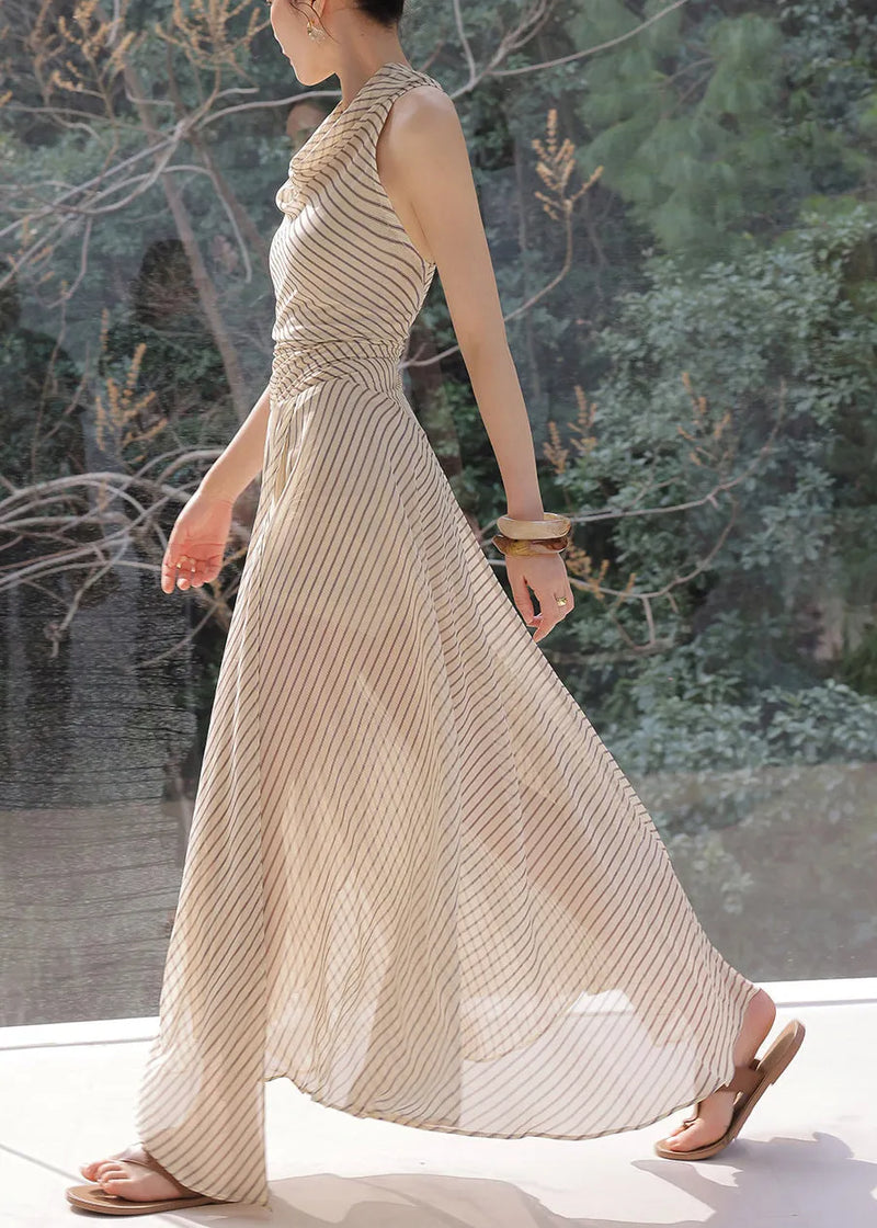 Fitted Striped Flattering Holiday Maxi Dress Sleeveless
