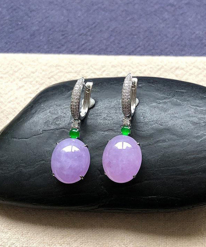 Purple Sterling Silver Inlaid Zircon Jade Drop Earrings