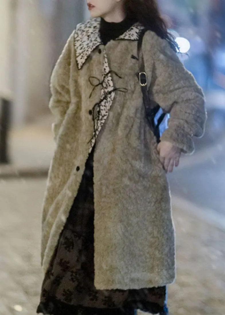 Moss Green Peter Pan Collar Pockets Patchwork Faux Fur Long Coats Winter