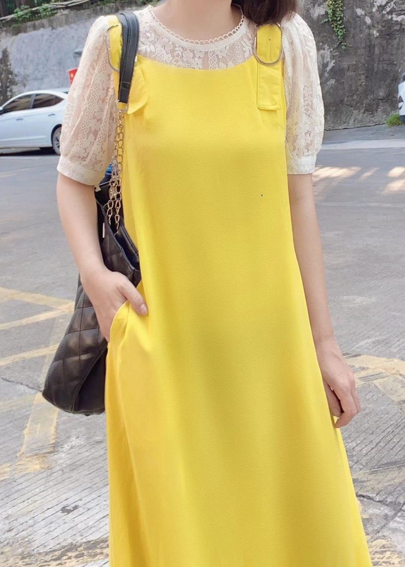 Simple Yellow Pockets Cotton Jumpsuit Pants Sleeveless