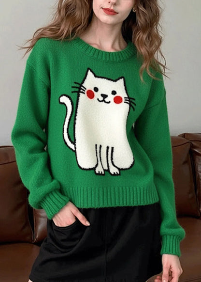 Tea Green Oversized Cat Knit Sweater Tops Winter