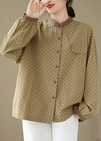 Versatile Green Dot Print Cotton Shirt Fall