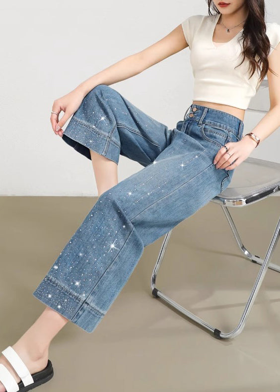 Blue Pockets Zircon Denim Crop Pants Summer