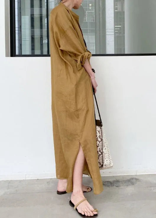 Khaki Linen Long Dresses Stand Collar Oversized Spring