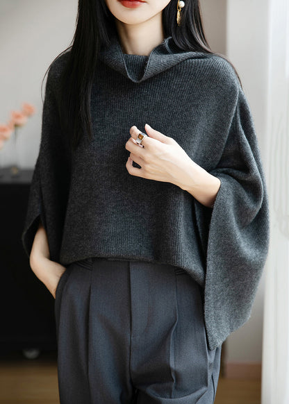 Simple Dark Gray Cozy Wool Sweaters Batwing Sleeve