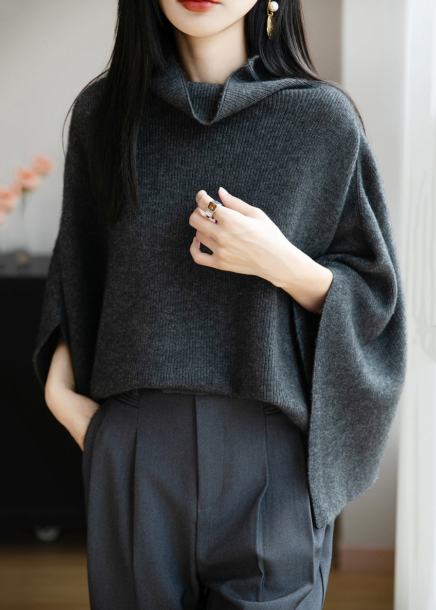 Simple Dark Gray Cozy Wool Sweaters Batwing Sleeve