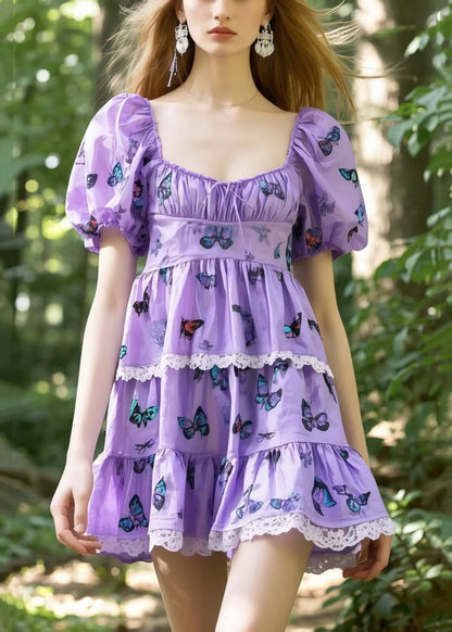 Lavender Square Collar Butterfly Cotton Tea Dress Puff Sleeve