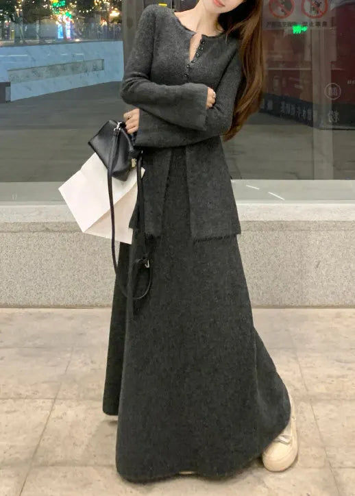 Dark Gray Front Open Sweaters and Skirts Knit Two Pieces Set O Neck Winter
