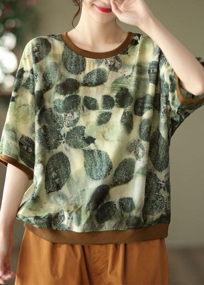 Green O-neck Print Patchwork Linen Top Half Sleeve