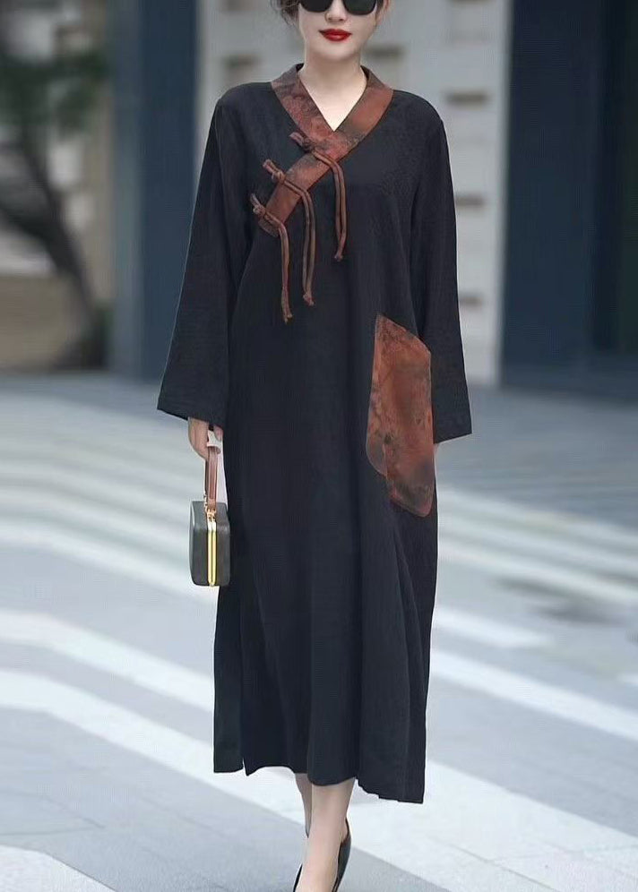 Black V Neck Chinese Button Pockets Cotton Dresses Fall