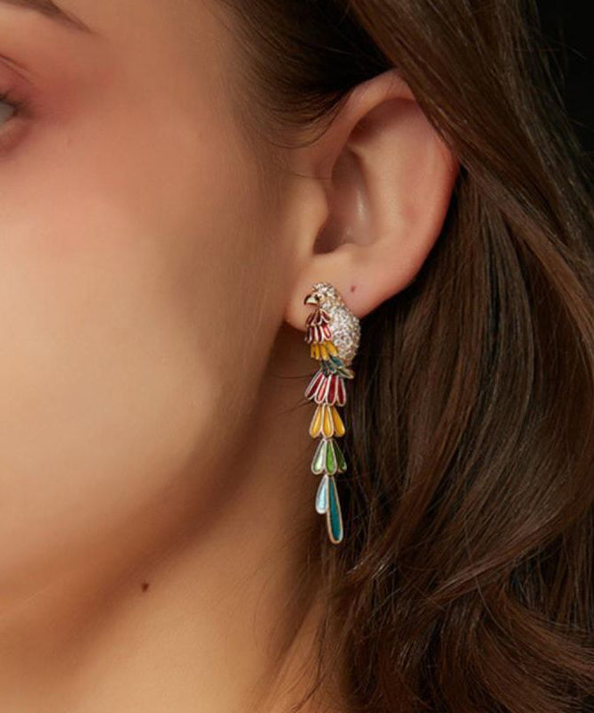 Rainbow Copper Overgild Zircon Parrot Tassel Drop Earrings