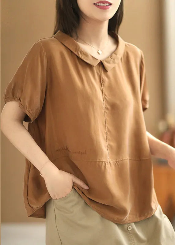 Loose Caramel Peter Pan Collar Silk Cotton Tops Summer