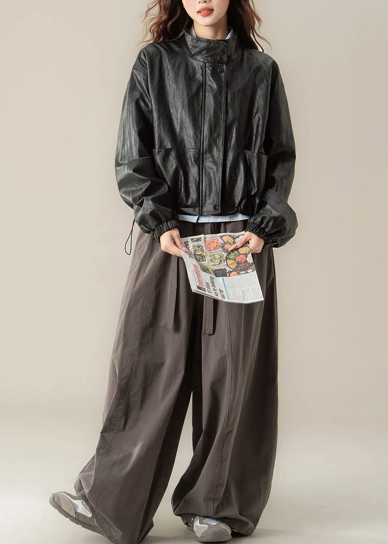 Classy Black Stand Collar Drawstring Faux Leather Coat Spring