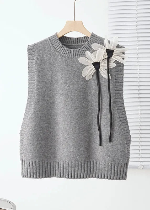 Modern Grey Decorated Warm Knit Vests Fall