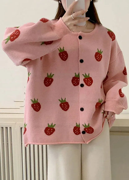 Pink Strawberry Cotton Knit Sweaters Coats Fall