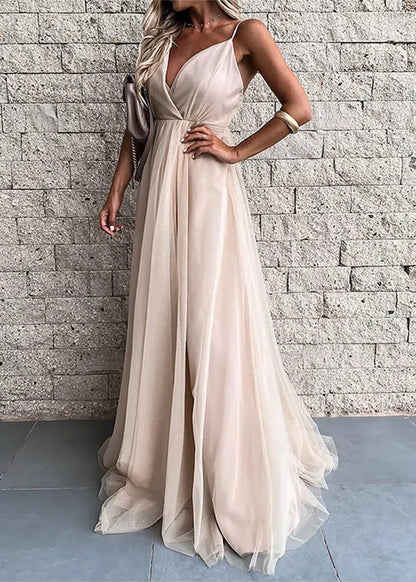 V Neck Wrinkled Tulle Spaghetti Strap Dress Summer