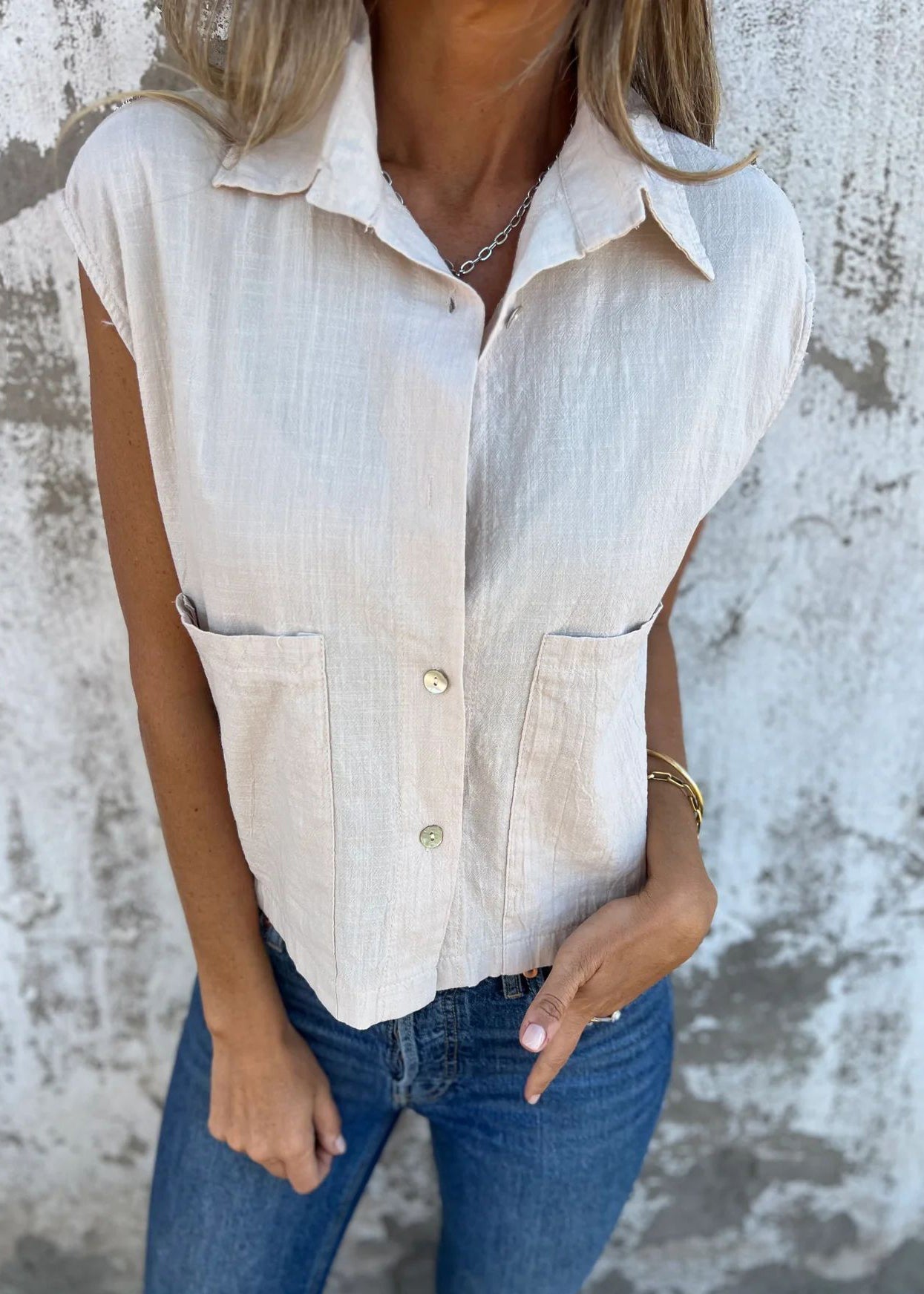 Loose Apricot Peter Pan Collar Pockets Button Cotton Shirts Summer