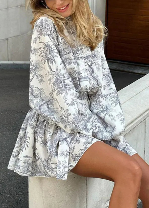 Style Grey Print Tie Waist Puff Sleeve Cotton Vacation Dress