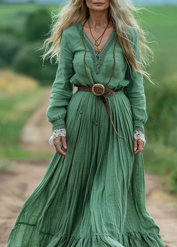 Green V Neck Wrinkled Patchwork Cotton Dresses Spring