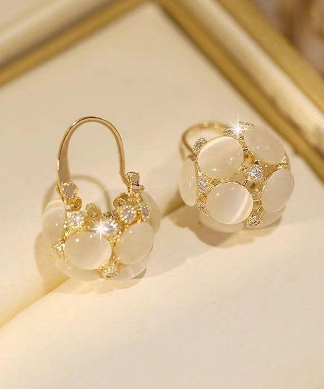 Gold Sterling Silver Overgild Cat Eye Stone Flower Basket Hoop Earrings