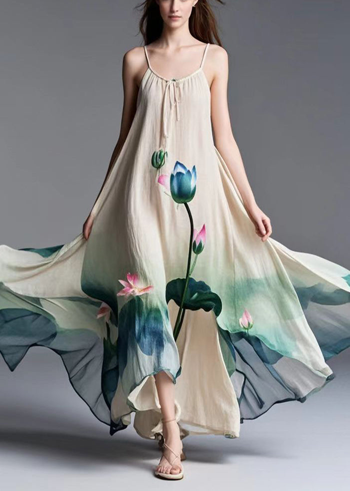 Beige Lotus Print Tie Dye Cotton Spaghetti Strap Dress Summer