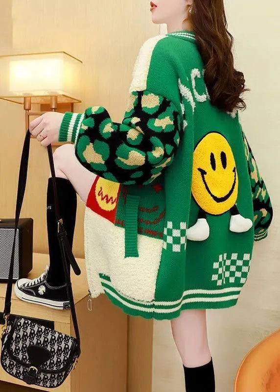 Green Oversized Patchwork Jacquard Knit Cardigans Spring