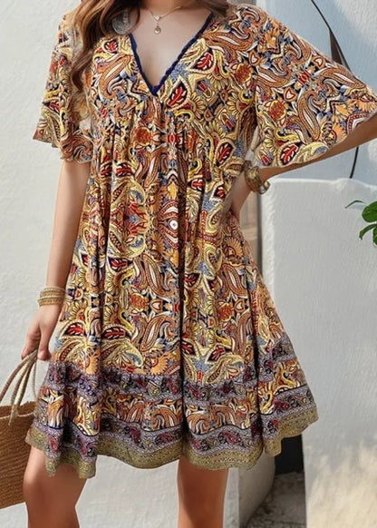 Yellow V Neck Print Cotton Mid Dress Summer