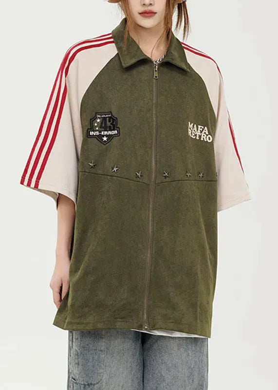 Green Peter Pan Collar Striped Patchwork Top Short Sleeve