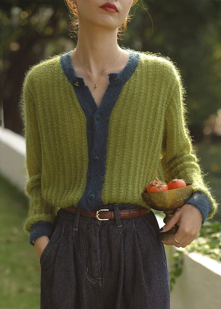 Green Button Patchwork Cozy Knit Top Long Sleeve