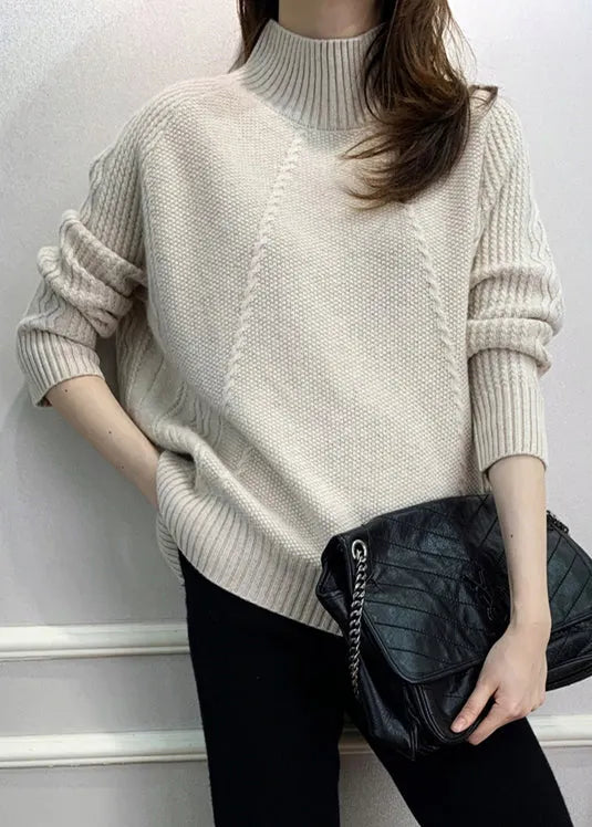 Beige Cozy Knit Fall Sweaters Turtleneck