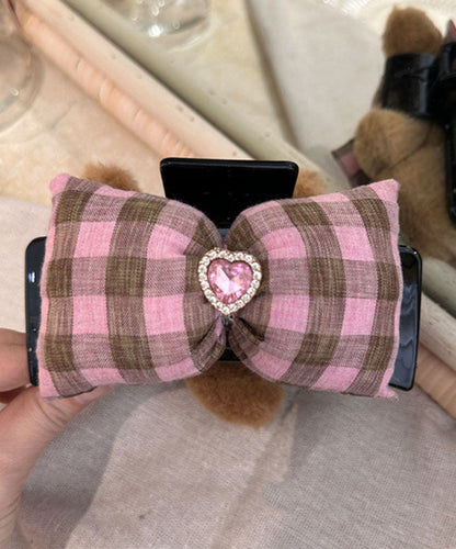 Pink Coffee Plaid Little Bear Zircon Bow Shark Hairpin