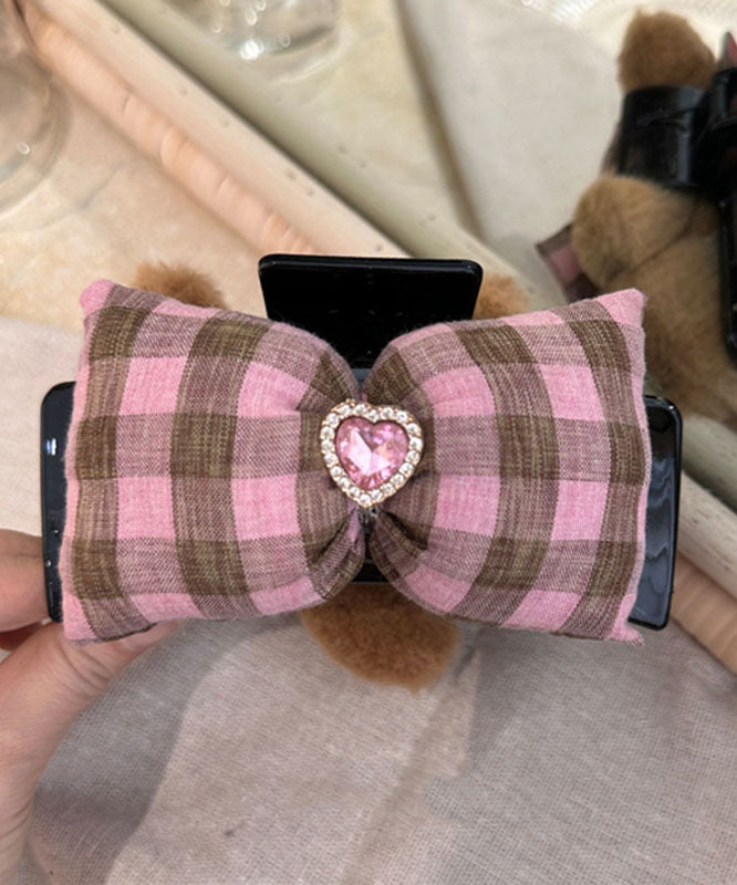Pink Coffee Plaid Little Bear Zircon Bow Shark Hairpin