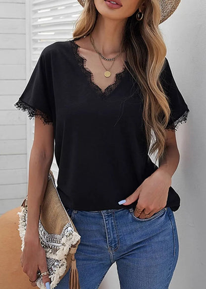 Black Lace Patchwork T Shirt Short Sleeve
