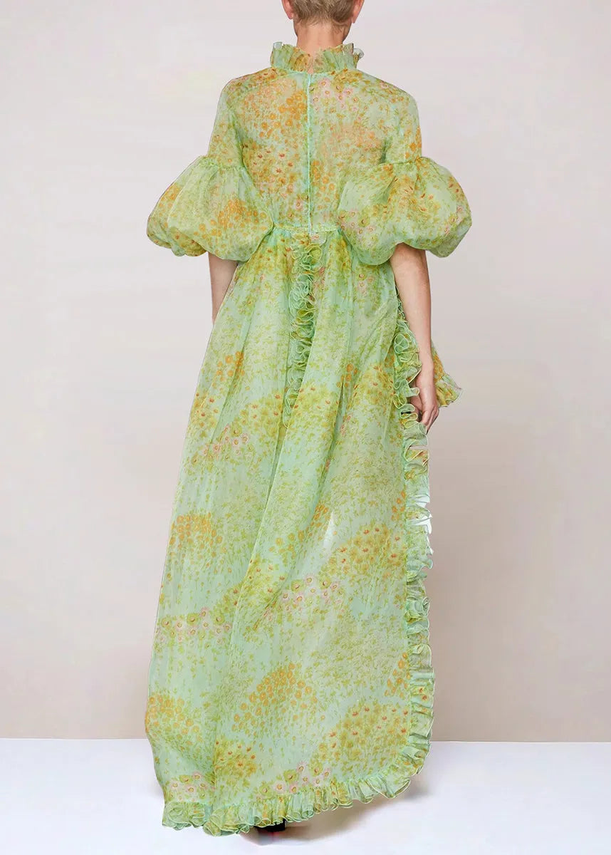 Fine Green Ruffled Print Low High Design Silk Dress Lantern Sleeve