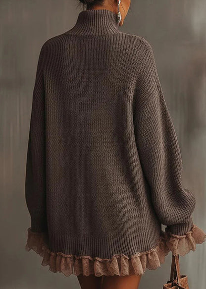 Brown Hign Neck Ruffled Patchwork Knit Sweater Dress Winter