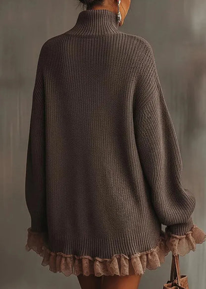 Brown Hign Neck Ruffled Patchwork Knit Sweater Dress Winter
