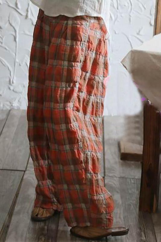 Plaid Loose Linen Wide Leg Pants