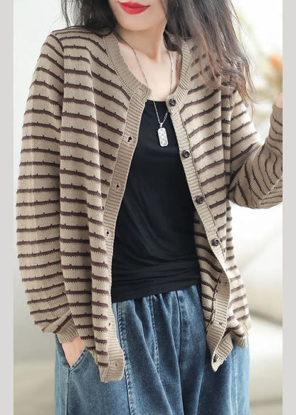 Black O-neck Striped Patchwork Button Cozy Cotton Knit Sweaters Coats Fall