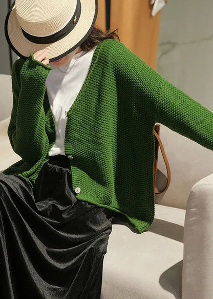 Green V Neck Button Knit Loose Cardigans Fall