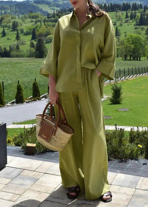 Green Tops and Pants Cotton Two-piece Set Fall