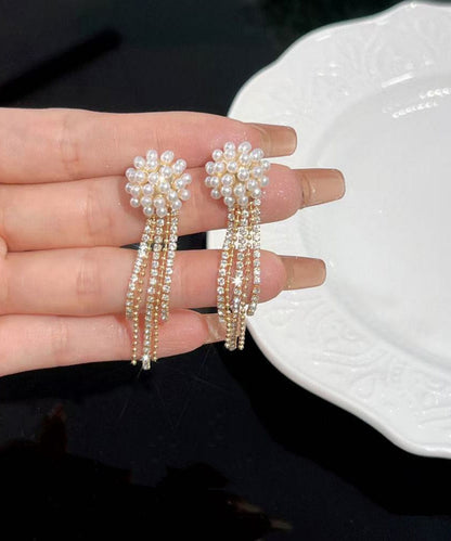 Gold Copper Alloy Zircon Pearl Tassel Drop Earrings