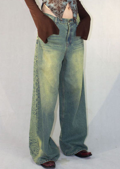 Blue Print Pockets High Waist Denim Pants Fall