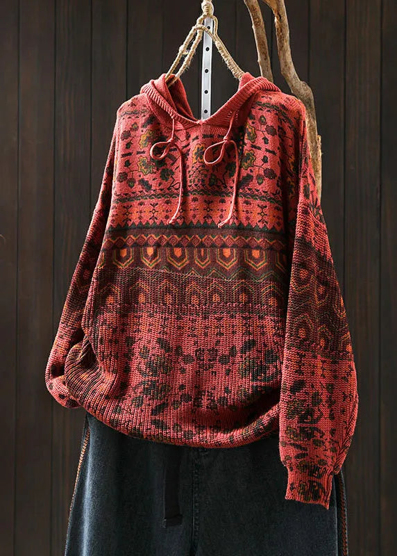 Khaki Hooded Print Cotton Knit Sweater Tops Spring